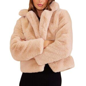 NWT Cropped Faux Fur Jacket Blush Apricot Teddy Coat Notched Lapel Fuzzy Sherpa